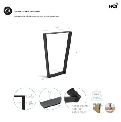 Pied de table Peztra 580 x 870 x 80 mm métal noir REI