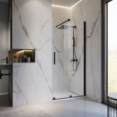 Porte de douche coulissante avec roulettes en bas 140x200 cm profilé noir verre transparent 8 mm New Style - SCHULTE