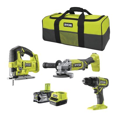 Perceuse-visseuse - Scie sauteuse - Meuleuse d'angle 18 V ONE+ avec batteries 2,0 Ah et 4,0 Ah et accessoires RCK183-242S - RYOBI
