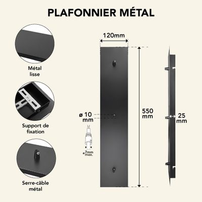 Plafonnier métal 12x55 cm noir 3 sorties - TIBELEC