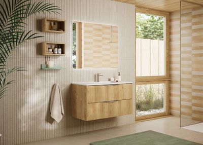 Meuble de salle de bains 2 tiroirs L100 x H60 x P45 cm mélaminé chêne naturel avec plan vasque céramique Mirabo