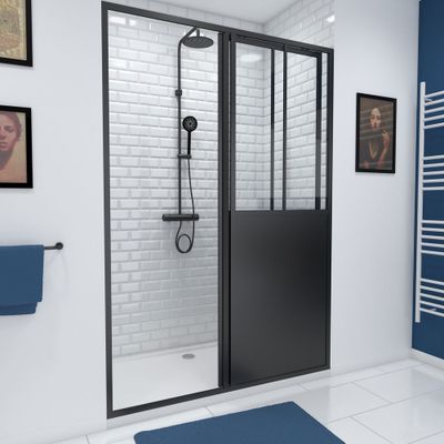 Porte de douche coulissante 140x200 cm profilé noir verre transparent 5 mm Fabrik - AURLANE