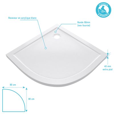 Receveur de douche 1/4 de cercle 90x90 cm acrylique blanc Pure 2 - AURLANE