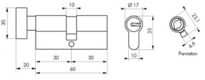 Cylindre de serrure à bouton 30 x 30 mm Transit 2 très haute sécurité nickelé 5 clés THIRARD