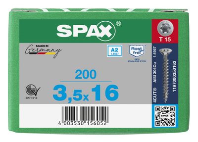Vis inox tête fraisée T-star 3,5 x 16 mm par 200 SPAX