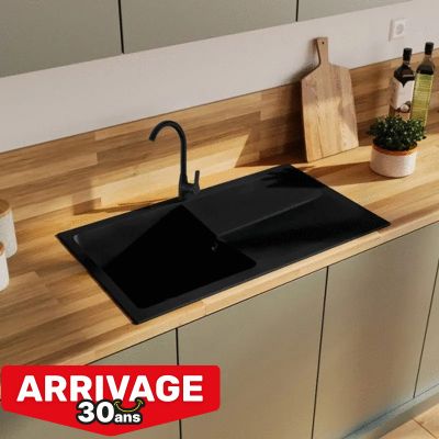 Pack évier de cuisine composite 86x50 cm 1 cuve 1 egouttoir Tecto et mitigeur col de cygne Astro noir - NORD INOX