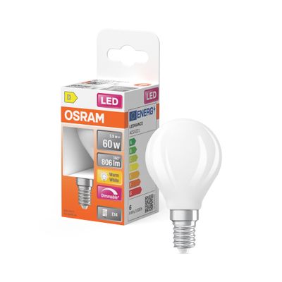 Ampoule LED Sphérique E14 Dépolie variable 5,5W=806 lumens Blanc chaud OSRAM