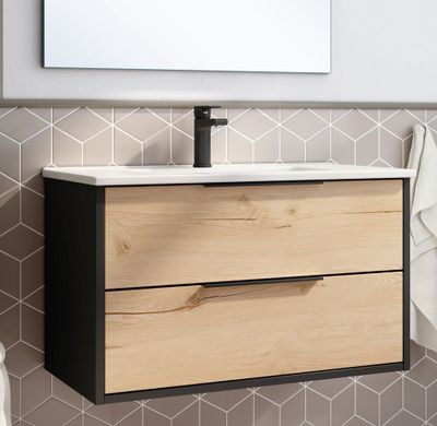 Meuble de salle de bains Duox 2 tiroirs L80 x H45 x P45 cm bois mélaminé noir et bois - EGORE