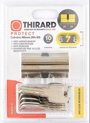 Cylindre de serrure double entrée s'entrouvrant 30 x 30 mm Trafic 6 haute sécurité par 2 nickelé 5 clés THIRARD