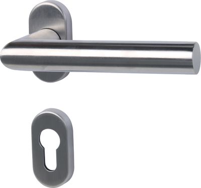 Poignées de porte sur rosaces ovales à cylindre Edison inox mat ALPERTEC