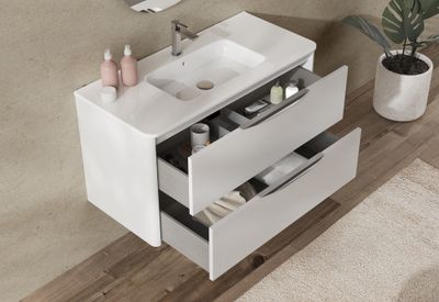 Meuble de salle de bains 2 tiroirs L100 x H60 x P45 cm mélaminé blanc avec plan vasque céramique Mirabo