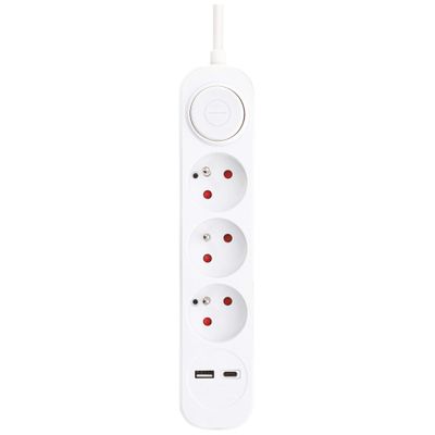 Multiprise avec interrupteur 3 prises + USB A + USB C 1m blanc - GEFOM