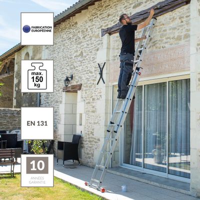 Echelle coulissante à main 2 plans 2 x 9 échelons 2,55 / 4,09 m ProfiStep Duo avec base rapportée aluminium - HAILO
