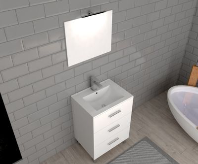 Meuble de salle de bains sur pieds blanc L 60 cm 3 tiroirs avec vasque et miroir Volta