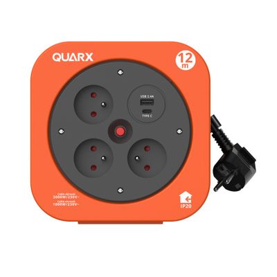 Enrouleur électrique 12m 3 prises + USB-A + USB-C orange - SBOX