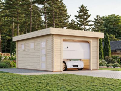 Garage en bois toit plat Rasmus avec porte sectionnelle - ép.44 mm - 25,5 m² hors-tout - PALMAKO