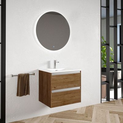 Caisson de salle de bains Thana 2 tiroirs L60 x H55 x P45 cm panneau de particules vieux chêne