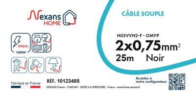 Câble électrique H03VVH2-F 2 x 0,75 mm² souple plat intérieur 25 m noir - NEXANS