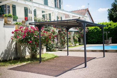 Carport en aluminium toit plat, surf. ext. : 14,70 m² / toit plaques en polycarbonate, Livraison à domicile incluse - HABRITA