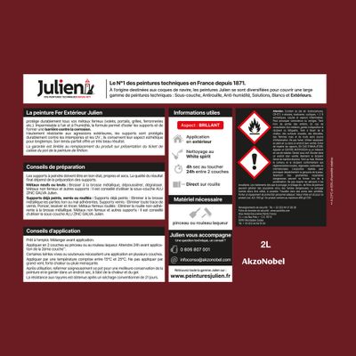 Peinture fer antirouille rouge basque RAL 3004 brillant 2 L - JULIEN