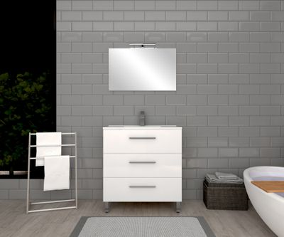 Meuble de salle de bains sur pieds blanc L 80 cm 3 tiroirs avec vasque et miroir Volta