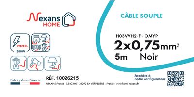Câble électrique H03VVH2-F 2 x 0,75 mm² souple plat intérieur 5 m noir - NEXANS