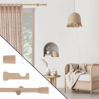 Kit tringle à rideaux en bois 2 m diam 28 mm Finition Bois naturel - MOBOIS