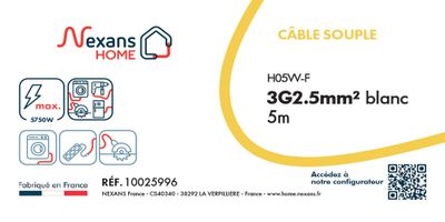 Câble électrique H05VV-F 3G2,5 mm² souple intérieur 5 m blanc - NEXANS