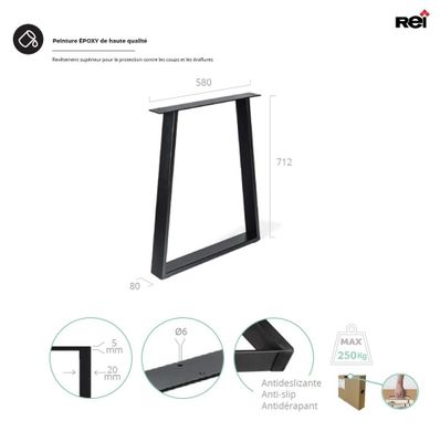 Pied xxl trapèze 80 x 710 x 580 mm métal noir REI