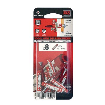 Chevilles MX 6 x 37 mm vis 4 x 50 mm par 8 RED HEAD
