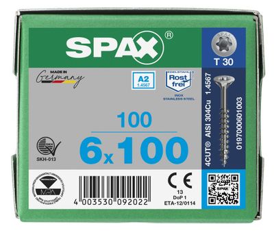 Vis inox tête fraisée T-star 6 x 100 mm par 100 SPAX