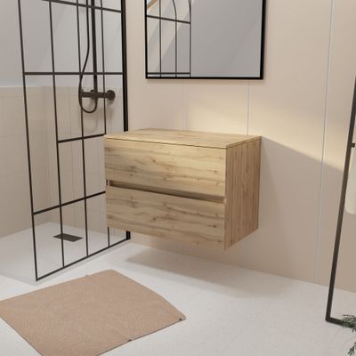 Meuble de salle de bains suspendu 2 tiroirs + plan de travail 80 cm chêne naturel Timber - AURLANE