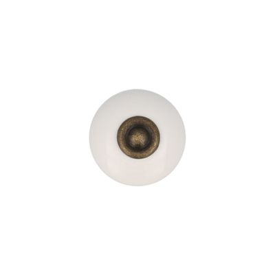 Bouton de meuble rond porcelaine blanc et vieux laiton doré 26 mm diamètre 31 mm REI
