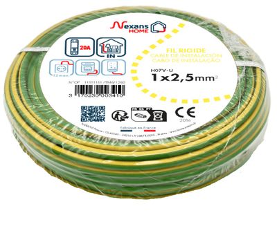 Fil HO7V-U 1 x 2,5 mm²  10 m vert et jaune