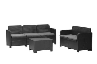 Salon de jardin VESUVIO aluminium noir résine 5 places avec coffre et coussins - GRANDSOLEIL