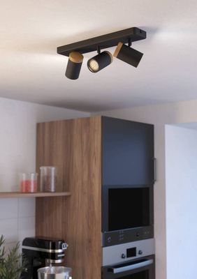 Réglette 3 spots salle de bains GU10 Consuma noir et bois IP44 9W - EGLO
