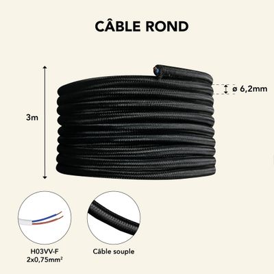 Câble électrique tissu noir 3m - TIBELEC