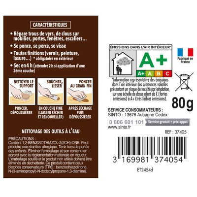 Pâte à bois à l'eau pour petits trous et fissures chêne foncé 80 gr SINTOBOIS