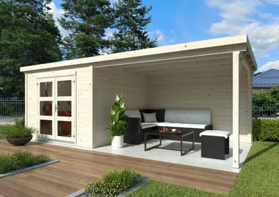 Abri de jardin en bois avec pergola 8,7 m² Lya 1 - ép.28 mm - 19,6 m² hors-tout - Livraison à domicile incluse - WHITE WOOD