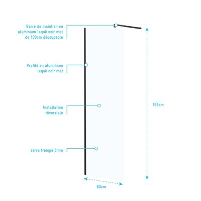 Paroi de douche à l'italienne 60x195 cm profilé noir verre transparent 5 mm Essentiel - AURLANE