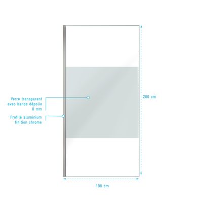 Paroi de douche à l'italienne 100x200 cm profilé chrome verre dépoli 8 mm Parma - AURLANE