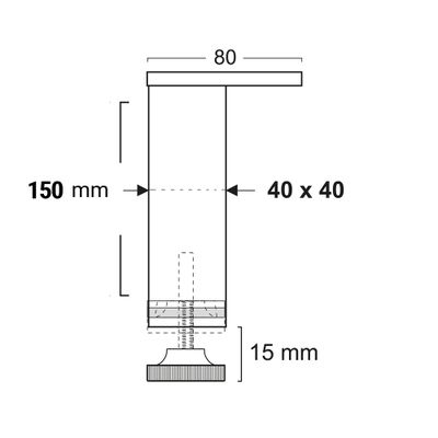 Pied carré 40 x 40 mm hauteur 150 mm aluminium mat REI