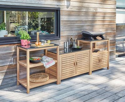 Meuble de jardin acacia avec étagère et plateau en granit noir FIDGI 3 - PROLOISIRS