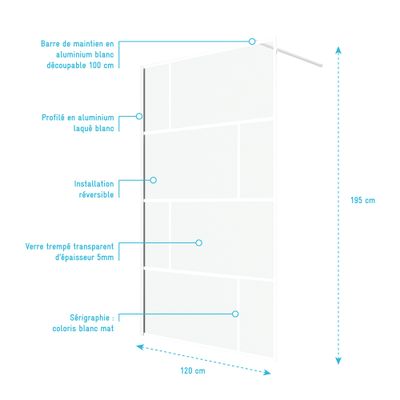 Paroi de douche à l'italienne 120x195 cm profilé blanc verre transparent 5 mm Bricks - AURLANE