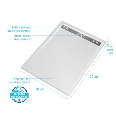 Receveur de douche 90x120 cm acrylique blanc Pure 2 - AURLANE