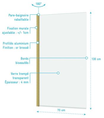Pare-baignoire rabattable avec profilés or brossé 130 X 70 cm Essentiel AURLANE
