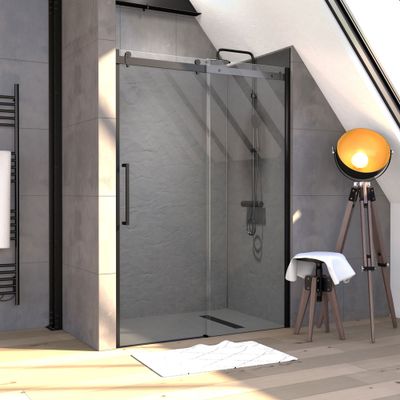 Porte de douche coulissante 140x200 cm profilé noir verre transparent 8 mm Rolling - AURLANE