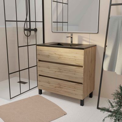 Meuble de salle de bains Timber 3 tiroirs L80 x H83 x P46 cm MDF chêne naturel + vasque céramique noire - AURLANE