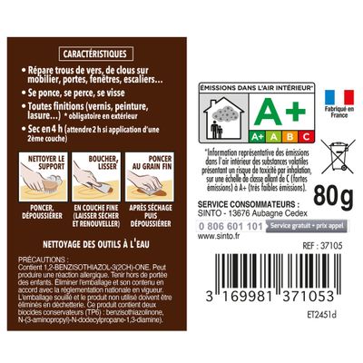 Pâte à bois à l'eau pour petits trous et fissures chêne moyen 80 gr SINTOBOIS