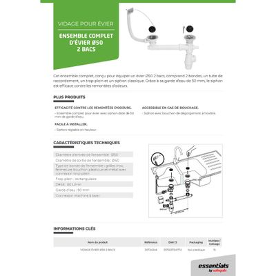 Vidage complet inox Ø50 mm pour évier 2 bacs - WIRQUIN